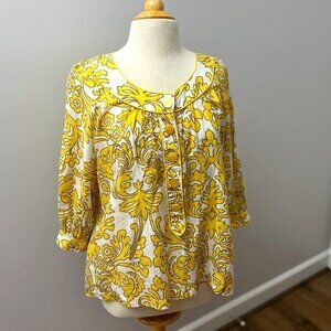 JADE Melody Tam Silk Yellow Floral Scroll Top with Buttons Sz L